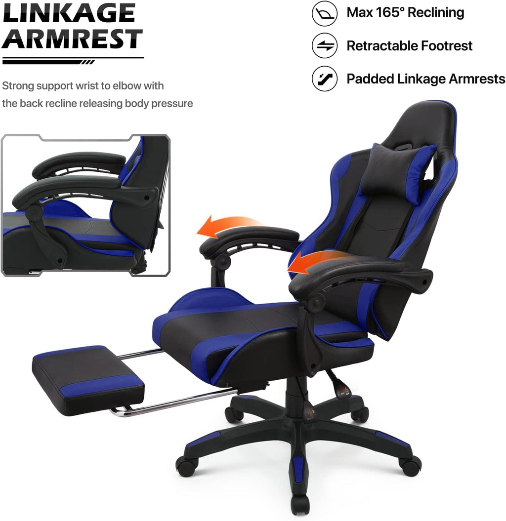 MoNiBloom Gaming Chair with Headrest & Lumbar Support Ergonomic Computer Racing Chair with Footrest, Adjustable Hight Leather Swivel Computer Chair for Adult Teen Office or Gaming, Blue