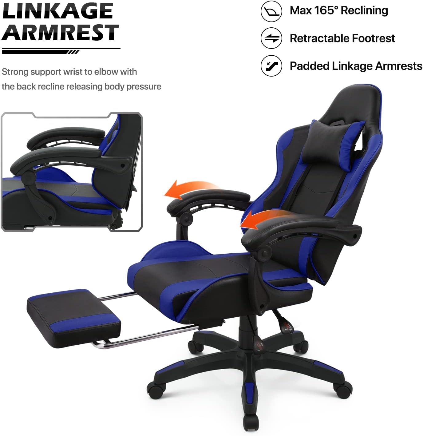 MoNiBloom Gaming Chair with Headrest & Lumbar Support Ergonomic Computer Racing Chair with Footrest, Adjustable Hight Leather Swivel Computer Chair for Adult Teen Office or Gaming, Blue