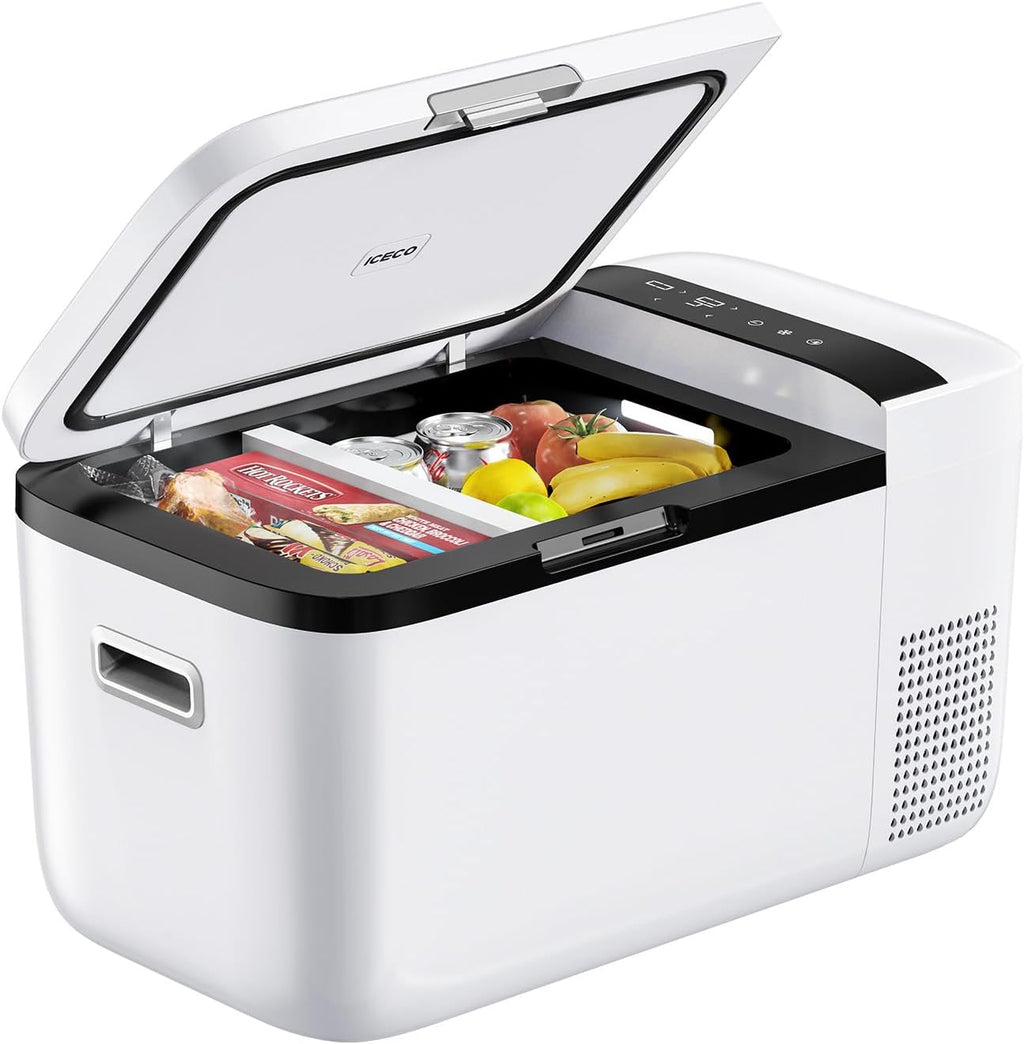 ICECO GO20 21 Quart/20 Liter Dual Zone 12 Volt Refrigerator, Portable Refrigerator with Secop Compressor, Electric Cooler, DC & AC, 0℉ - 50℉, Compressor Cooler for Outdoor, White