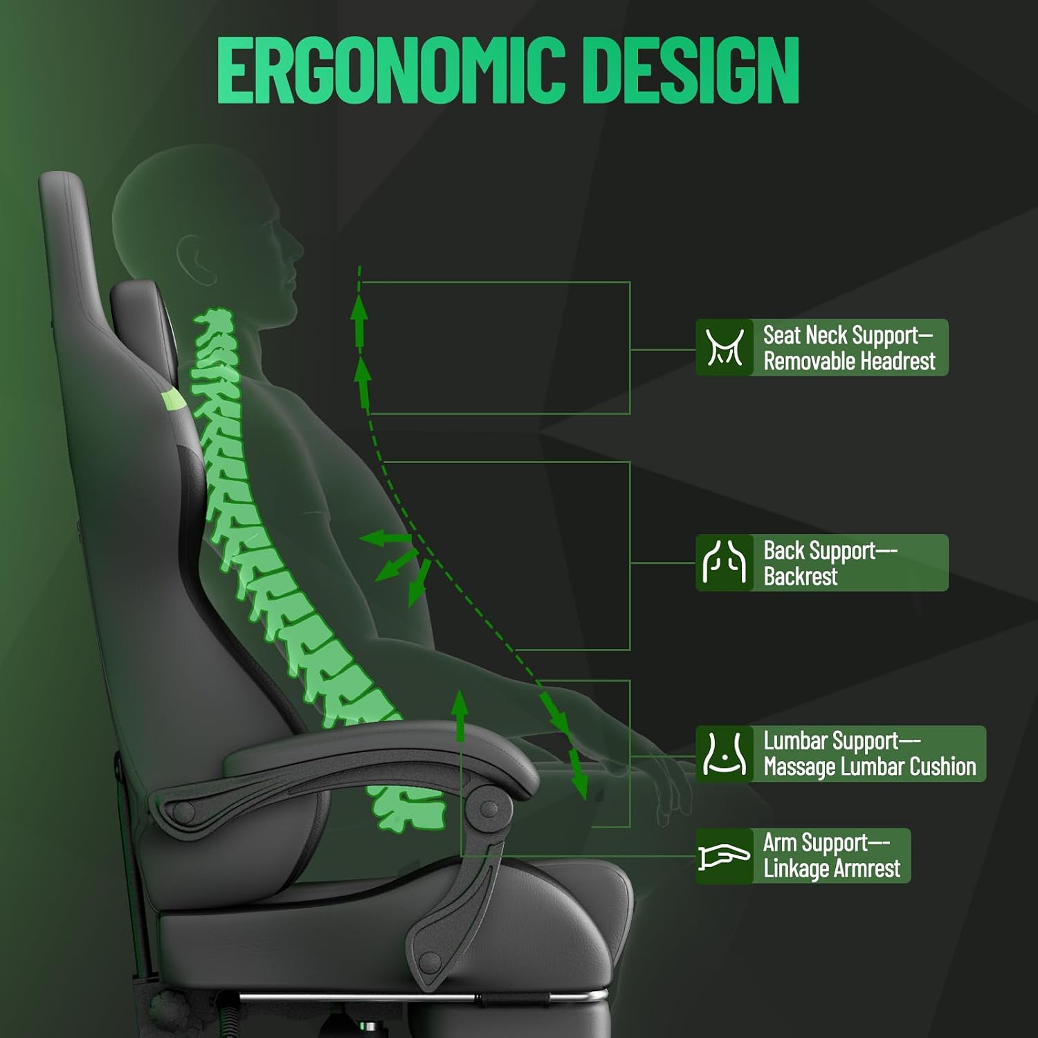 Soontrans PU Leather Ergonomic Gaming Chair, High Back Computer Chair with Footrest and Linkage Armrest, Office Video Game Chair with Massage Lumbar Support for Adult, Grey/Black