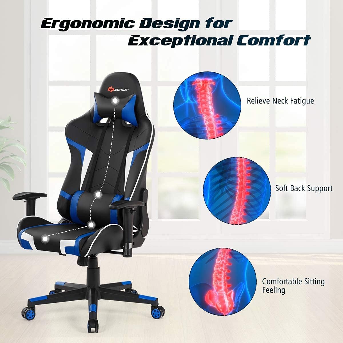 Massage Gaming Chair, High Back Office Computer Chair with Headrest and Lumbar Support, Racing Style Reclining Swiveling Game Chair for Home Office (Blue)