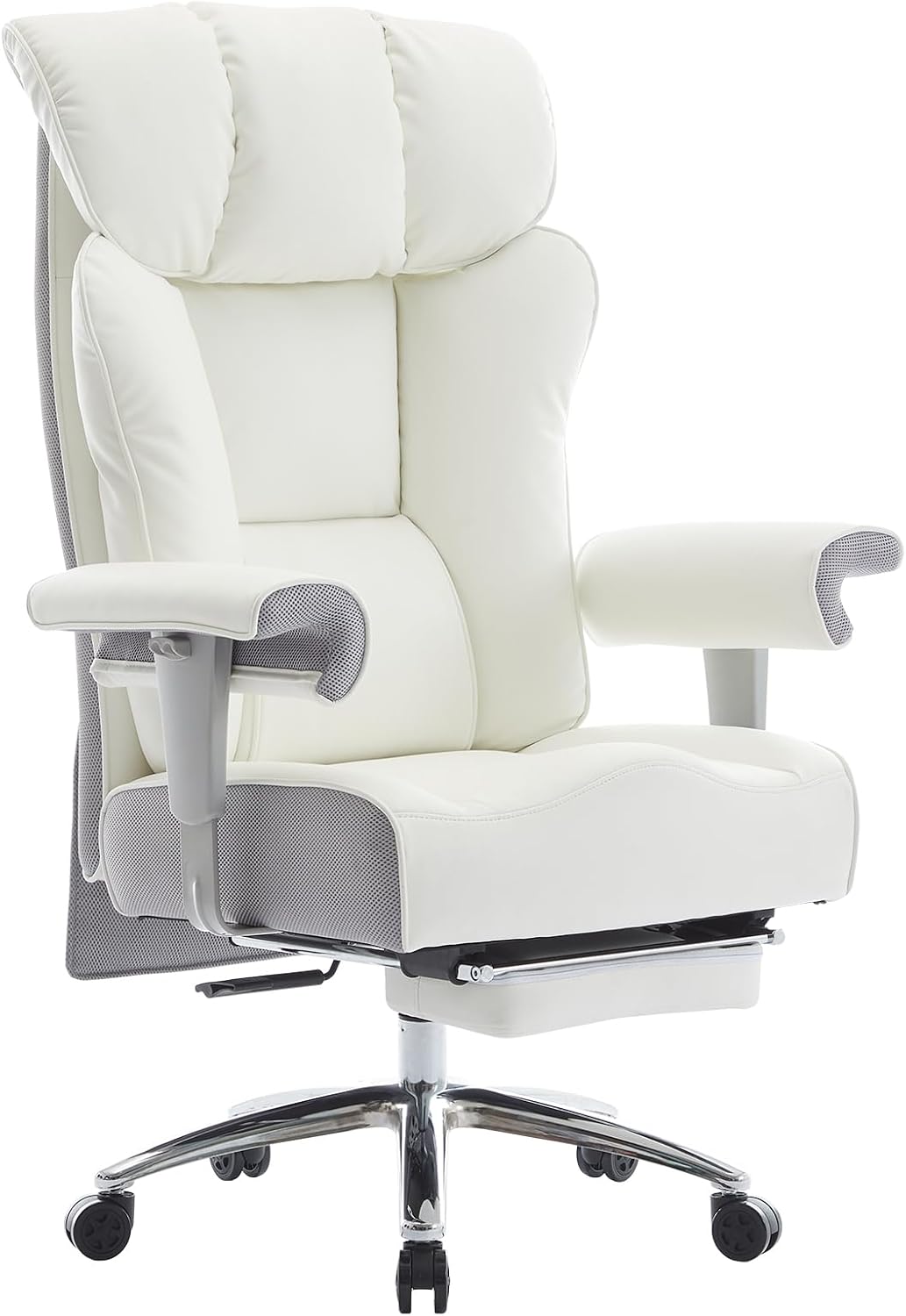 Efomao Big and Tall Office Chair 400lbs - Heavy Duty Executive Desk Chair with Foot Rest & 23' Wide Seat - High Back Ergonomic Leather Computer Chair for Heavy People, Home Office, White