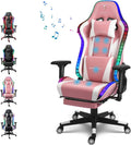 Gaming Chair with Speakers and LED Lights, Height Adjustable Swivel Racing Gaming Massage Chair, Ergonomic Gamer Chair with Footrest,Reclining Computer Office Desk Chair for Adults,Pink