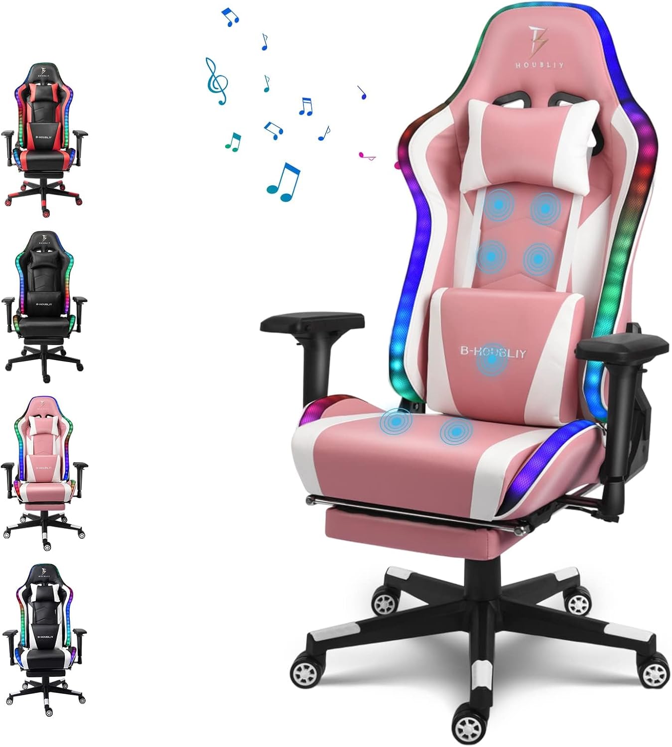 Gaming Chair with Speakers and LED Lights, Height Adjustable Swivel Racing Gaming Massage Chair, Ergonomic Gamer Chair with Footrest,Reclining Computer Office Desk Chair for Adults,Pink