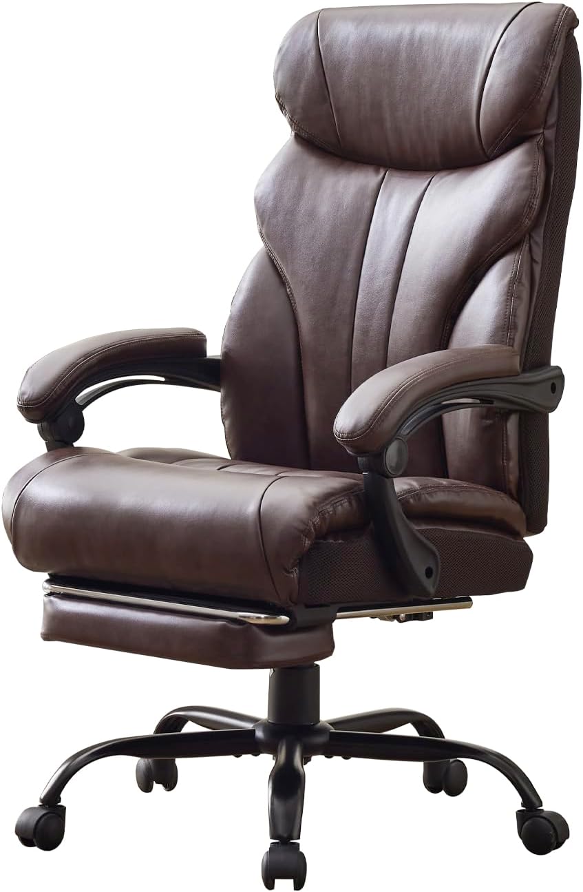Comfortable Office Desk Chair 500 LBS, Big and Tall Office Chairs with Footrest,90-155°Recline Executive Leather Gaming Chair for Heavy People, Long Hours,Coffee Color