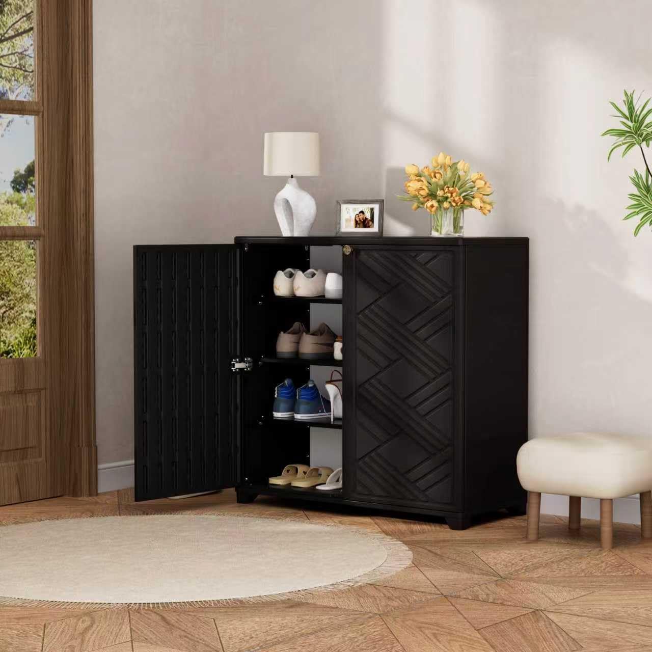 Mrosaa Outdoor/Indoor Storage Box,Resin and Plastic Storage Cabinet Waterproof,Outdoor Cabinet for Patio/Garden/Balcony/Backyard/All Room(with 3 Shelves)-Black