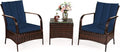 COSTWAY 3 Pieces Patio Rattan Furniture Set, Outdoor Conversation Chair Set with Coffee Table & 2 Cushions for Backyard, Porch, Poolside, Lawn, Garden, Navy