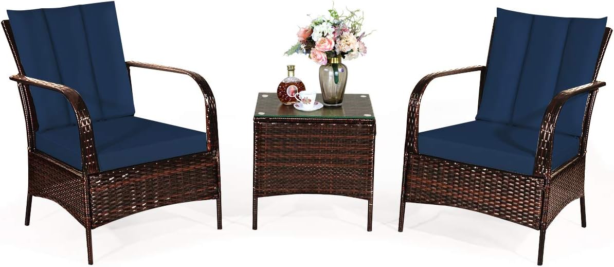 COSTWAY 3 Pieces Patio Rattan Furniture Set, Outdoor Conversation Chair Set with Coffee Table & 2 Cushions for Backyard, Porch, Poolside, Lawn, Garden, Navy
