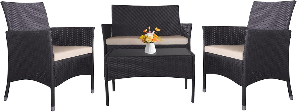 Outdoor Furniture Set of 4 Pieces with PE Waterproof Rattan Tempered Glass Table and Thick Cushions Suitable for Gardens Porches Terraces and Balconies Easy to Assemble Black and Beige