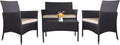 Outdoor Furniture Set of 4 Pieces with PE Waterproof Rattan Tempered Glass Table and Thick Cushions Suitable for Gardens Porches Terraces and Balconies Easy to Assemble Black and Beige