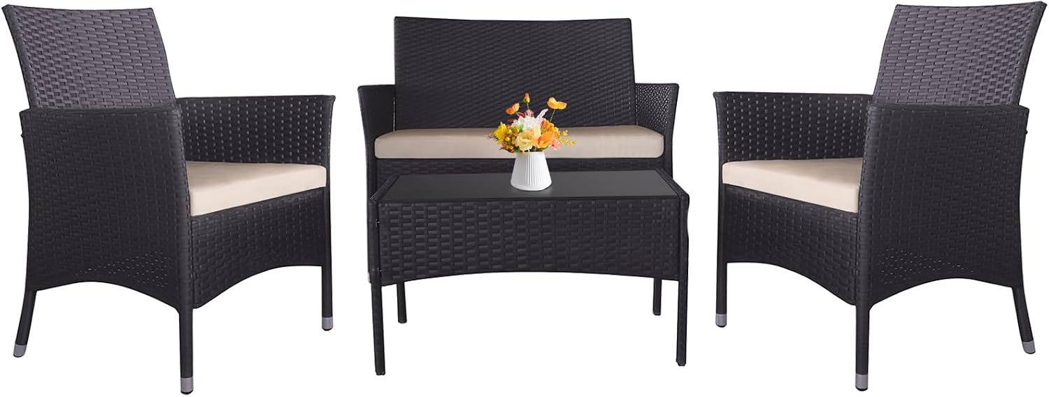 Outdoor Furniture Set of 4 Pieces with PE Waterproof Rattan Tempered Glass Table and Thick Cushions Suitable for Gardens Porches Terraces and Balconies Easy to Assemble Black and Beige
