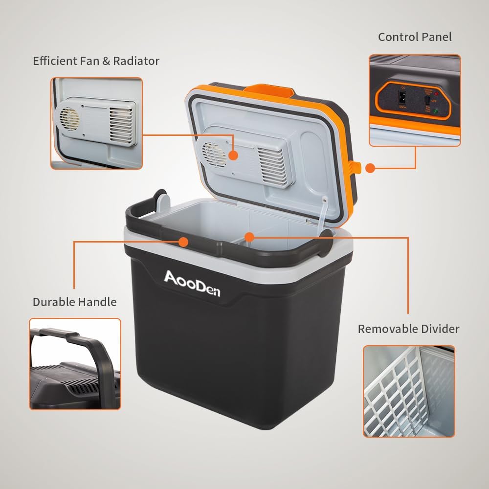 Electric Car Cooler and Warmer, 26 Quart Capacity, Thermoelectric Iceless Cooler for Travel, Camping, Vehicles, Truck, Home - 12V DC and 120V AC (Black & Orange)