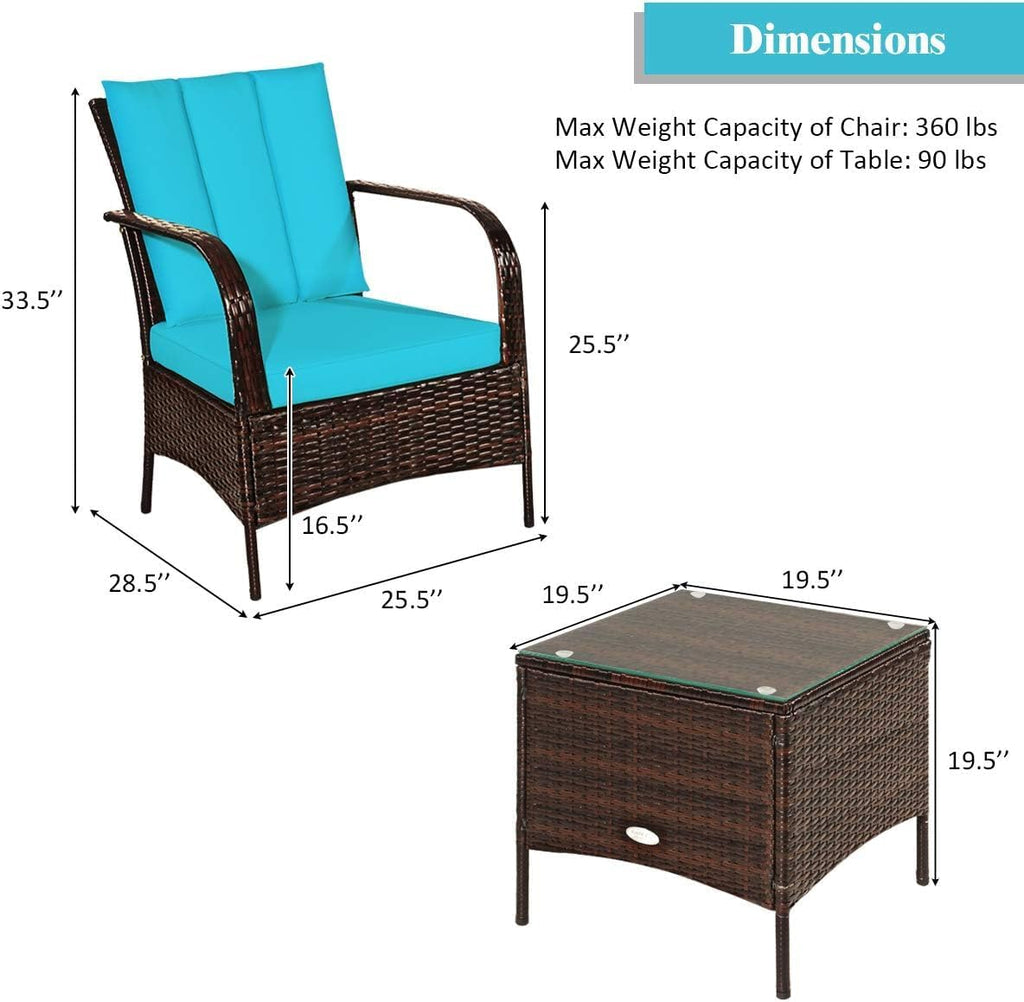 COSTWAY 3 Pieces Patio Rattan Furniture Set, Outdoor Conversation Chair Set with Coffee Table & 2 Cushions for Backyard, Porch, Poolside, Lawn, Garden, Turquoise