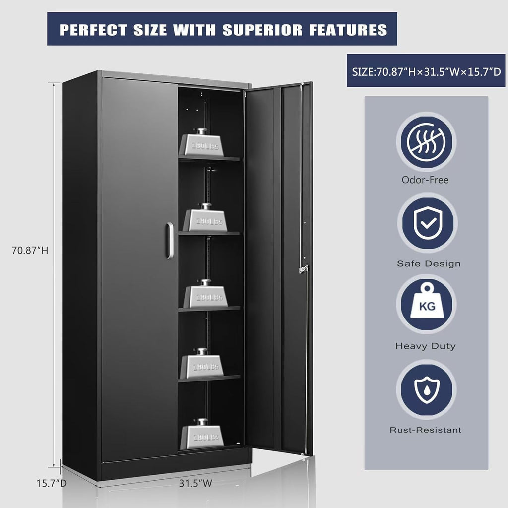 Guizeeopo Metal Storage Cabinet with Adjustable Shelves, Garage Storage Cabinets with Doors and Shelves, File Cabinets for Home Office, Kitchen Pantry Cabinet, 71'H, Black
