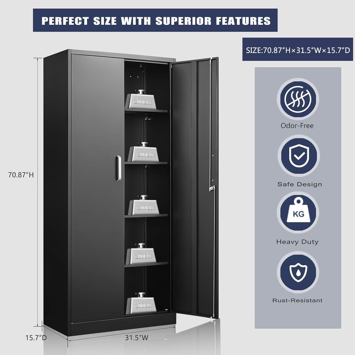 Guizeeopo Metal Storage Cabinet with Adjustable Shelves, Garage Storage Cabinets with Doors and Shelves, File Cabinets for Home Office, Kitchen Pantry Cabinet, 71'H, Black