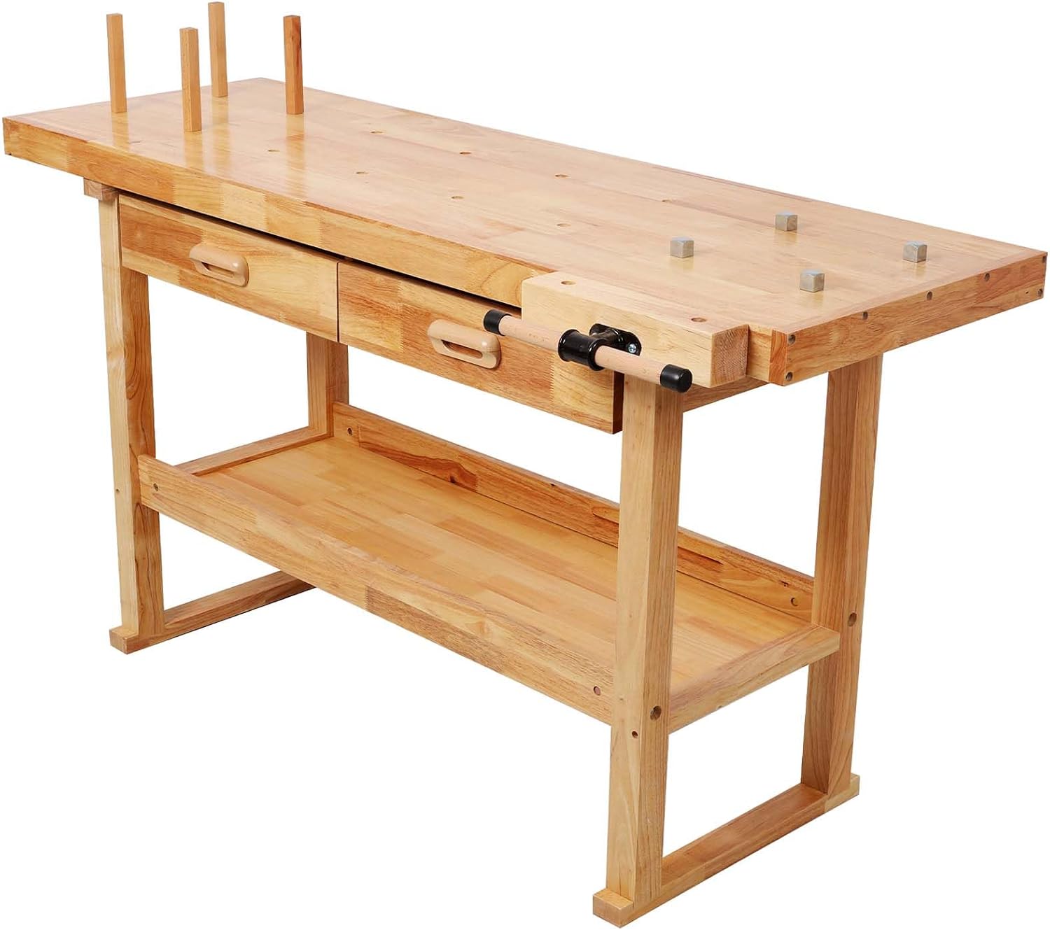 60' Rubber Wood Workbench, Heavy Duty Work Bench with Drawer & Shelf, Work Bench Table for Garage, Workshop, Home Storage, Woodworking Bench, 330 lbs Weight Capacity (60' + 2 Drawers)