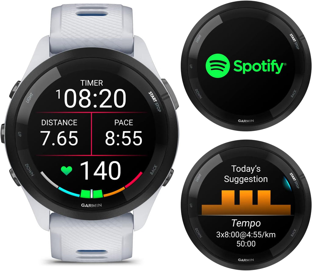 Garmin Forerunner 265 Music GPS Running 46 mm Smartwatch, Whitestone with AMOLED 1.3 in Touchscreen Display Black Earbuds Bundle, White +Blk EarBuds