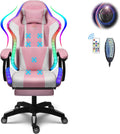 Gaming Chair with Speakers and RGB Lights, Video Game Chairs Ergonomic Pro Office Chair with Full Massage Lumbar Support, 90°-135° Backrest Adjustable Computer Chairs with Footrest,Pink
