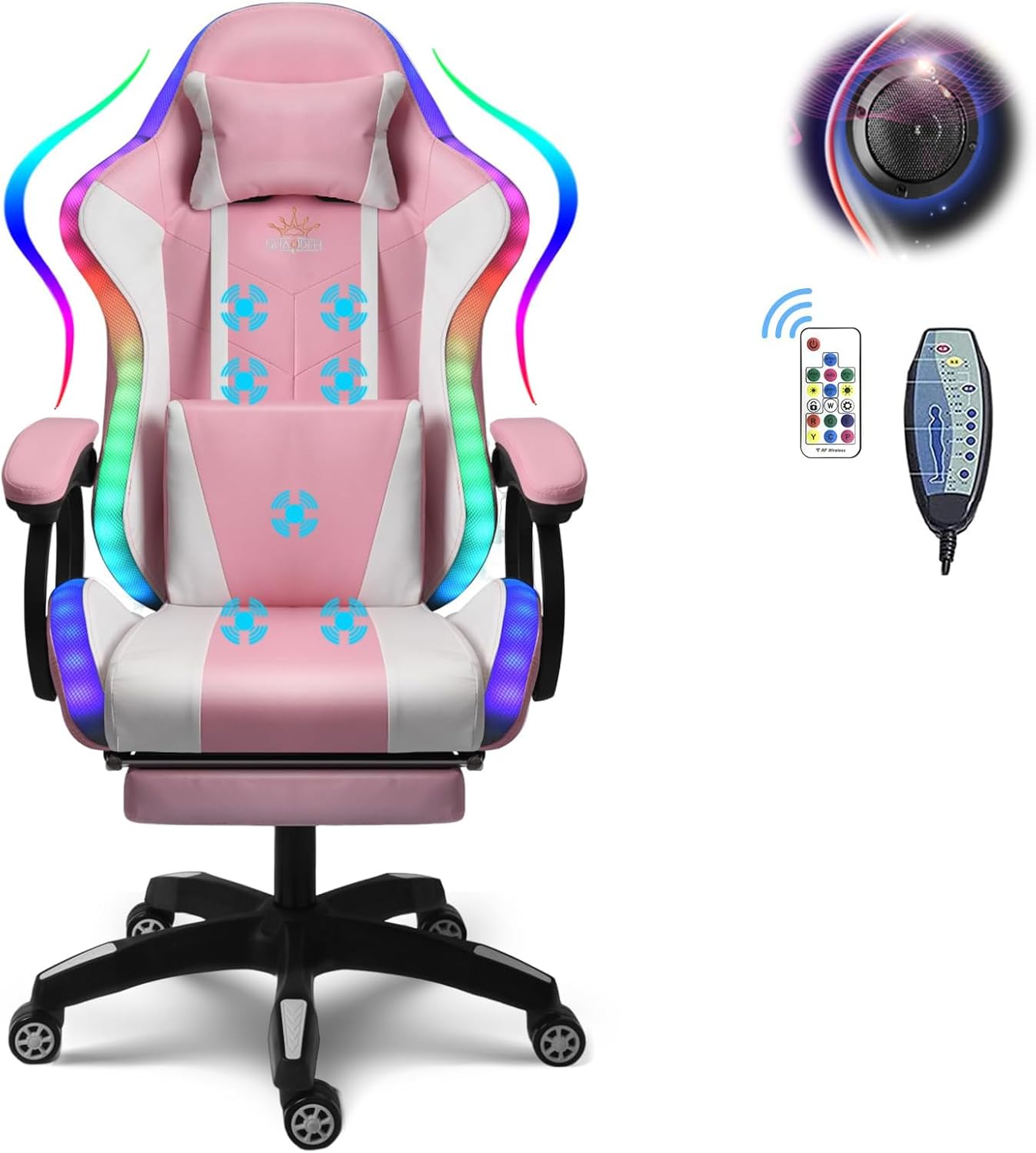 Gaming Chair with Speakers and RGB Lights, Video Game Chairs Ergonomic Pro Office Chair with Full Massage Lumbar Support, 90°-135° Backrest Adjustable Computer Chairs with Footrest,Pink