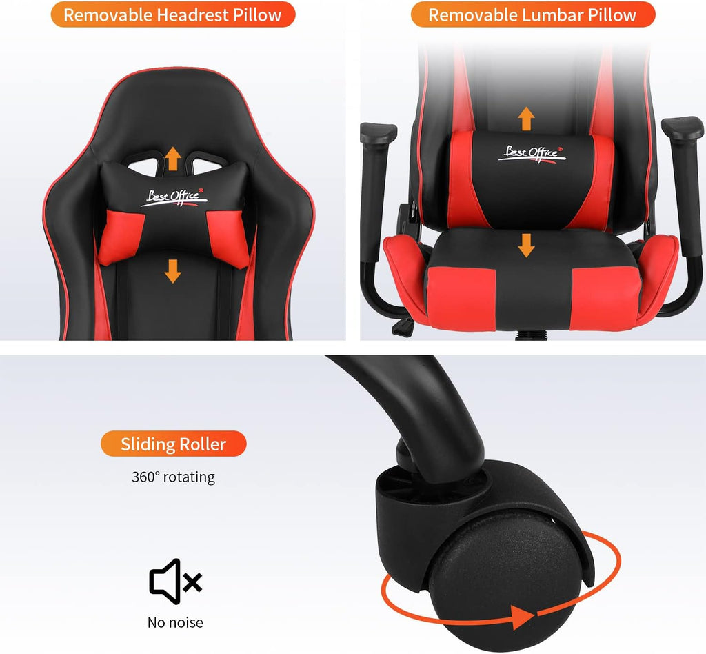 Gaming Chair Office Chair Desk Chair with Lumbar Support Headrest Armrest Task Rolling Swivel Ergonomic E-Sports Adjustable PC Gamer Chair (Red)