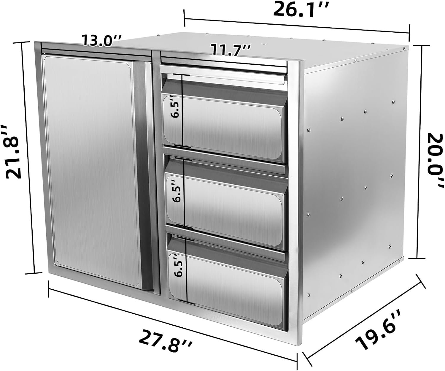 Outdoor Kitchen Drawer Combo, Stainless Steel Sealed Storage Combo with Triple Drawer, Outdoor Kitchen for BBQ Island, Grilling Station, Outside Cabinet (27.8' W x 21.8' D x 19.6' H)（Right Drawer）