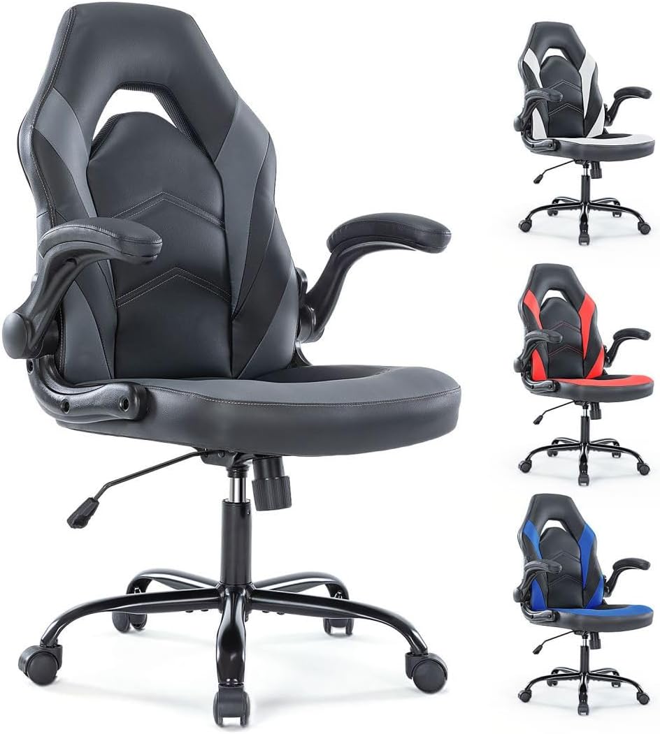 Heavy Duty Gaming Chair Ergonomic Gamer for Home Office with Lumbar Support, Adjustable Backrest, Flip-Up Armrest and Stable 360° Swivel Wheels for Adults, Professional Gamers and Teens, Black-Grey