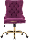 Purple Velvet Home Office Chair with Wheels & Gold Base, Cute Makeup Vanity Chair with Tufted Back for Bedroom, Upholstered Adjustable Swivel Comfy Desk Chair for Girls Women, Purple