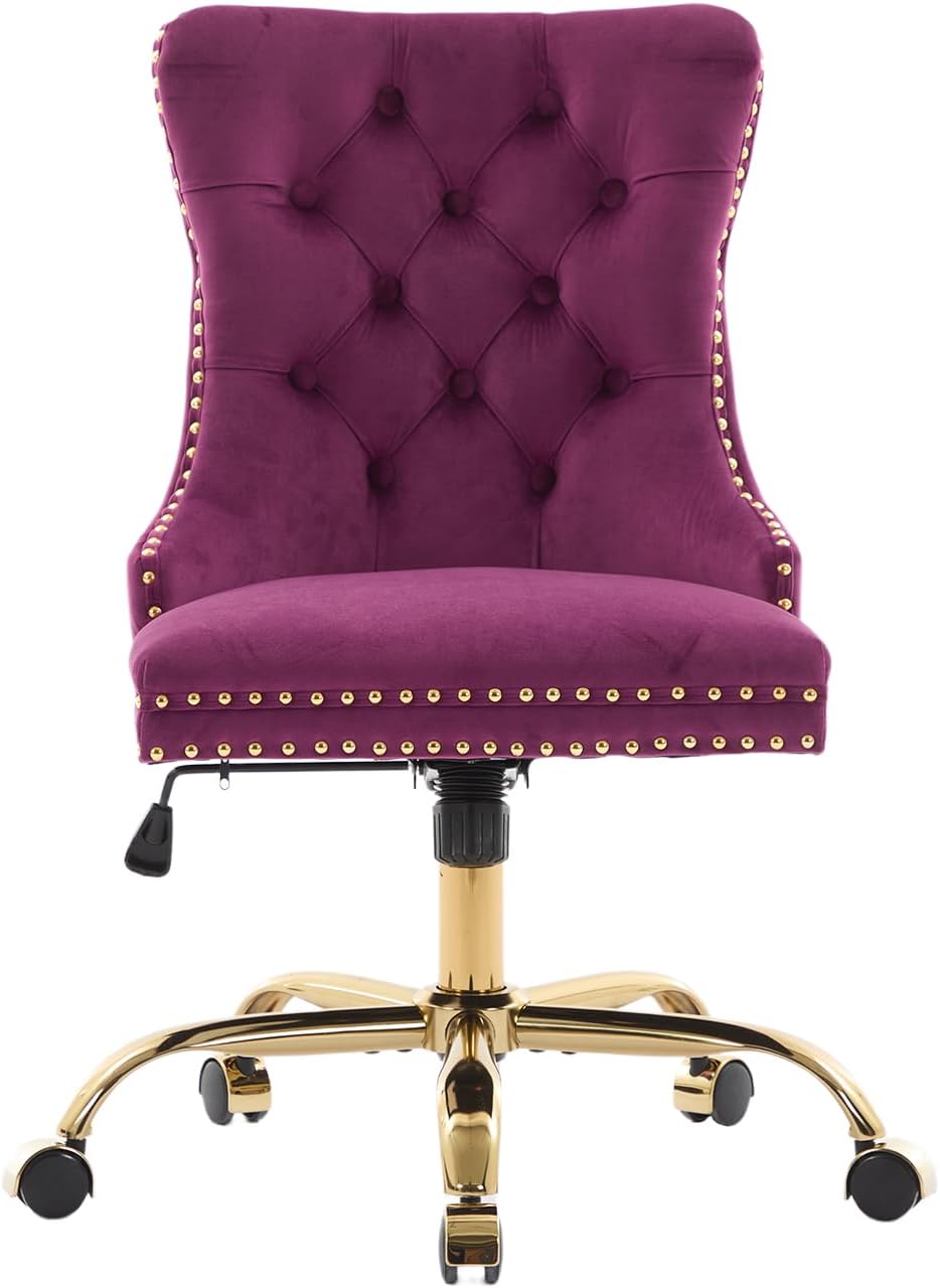 Purple Velvet Home Office Chair with Wheels & Gold Base, Cute Makeup Vanity Chair with Tufted Back for Bedroom, Upholstered Adjustable Swivel Comfy Desk Chair for Girls Women, Purple