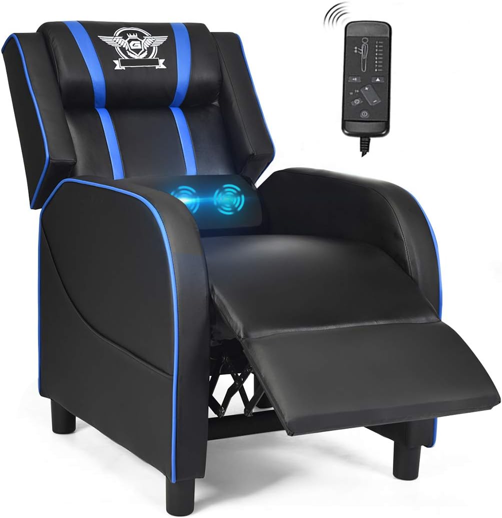 POWERSTONE Gaming Recliner Chair, Reclining Gaming Chairs for Adults Ergonomic Leather Sofa with Footrest Lumbar Support Headrest and Side Pouch for Living Room Home Theater, Blue