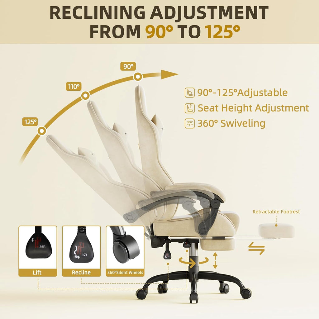 Soontrans Velvet Fabric Gaming Chairs with Footrest, Ergonomic Video Gamer Chair for Adult, Reclining Office Computer Desk Game Chairs with Massage Lumbar Cushion,Headrest