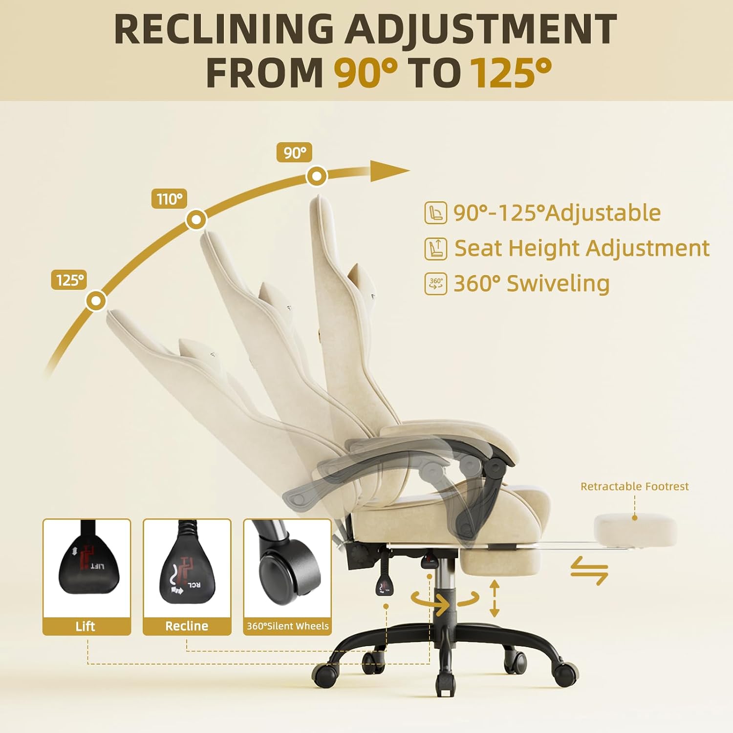 Soontrans Velvet Fabric Gaming Chairs with Footrest, Ergonomic Video Gamer Chair for Adult, Reclining Office Computer Desk Game Chairs with Massage Lumbar Cushion,Headrest