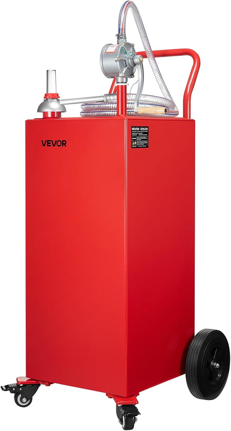 VEVOR 40 Gallon Gas Caddy, Diesel Tank with Manual Transfer Pump, Diesel Storage Tank with 4 Wheels & 10 ft Hose, Gas Container for Cars, Lawn Mowers, ATVs, Boats, More, Red