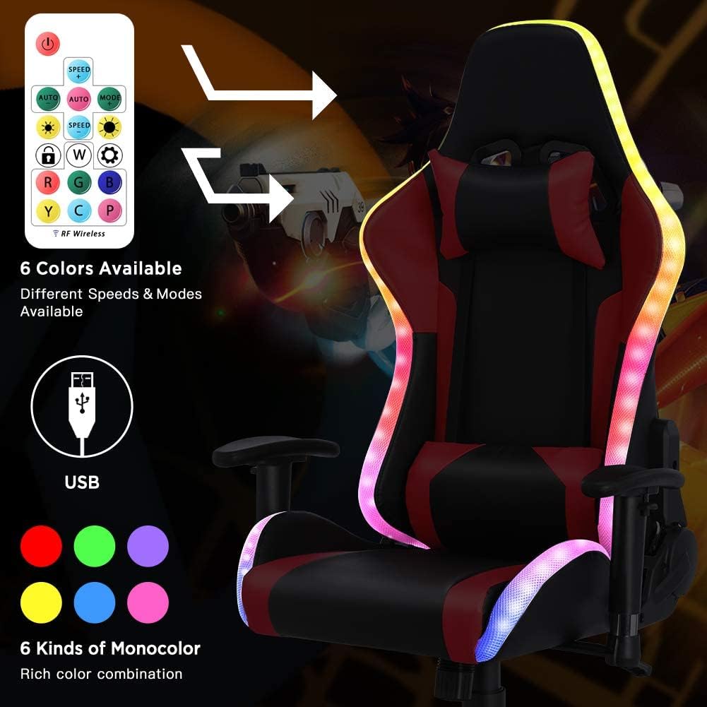 Gaming Chair with LED RGB Lights with Massage and Footrest Ergonomic Computer Chair High Back Video Game Chair with Adjustable Lumbar Support Linkage Armrest,White