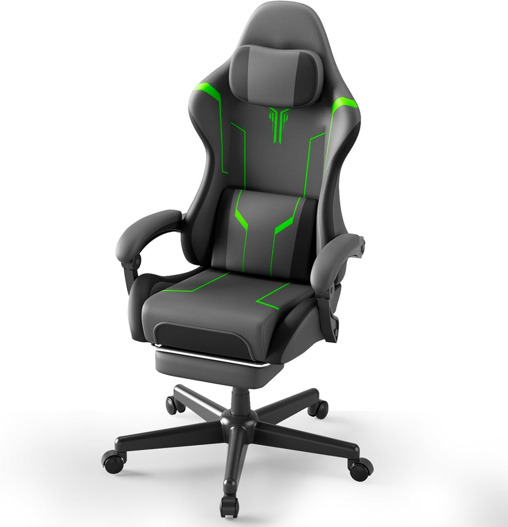 Soontrans PU Leather Ergonomic Gaming Chair, High Back Computer Chair with Footrest and Linkage Armrest, Office Video Game Chair with Massage Lumbar Support for Adult, Grey/Black