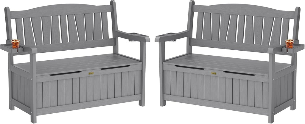 YEFU Outdoor Storage Bench for Patio: Heavy Duty Garden Bench Set of 2 with 96° High Backrest & Oversized Seating - HIPS Weatherproof Patio Bench with Storage for Porch Park Backyard, Grey