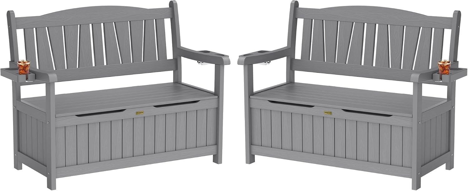 YEFU Outdoor Storage Bench for Patio: Heavy Duty Garden Bench Set of 2 with 96° High Backrest & Oversized Seating - HIPS Weatherproof Patio Bench with Storage for Porch Park Backyard, Grey