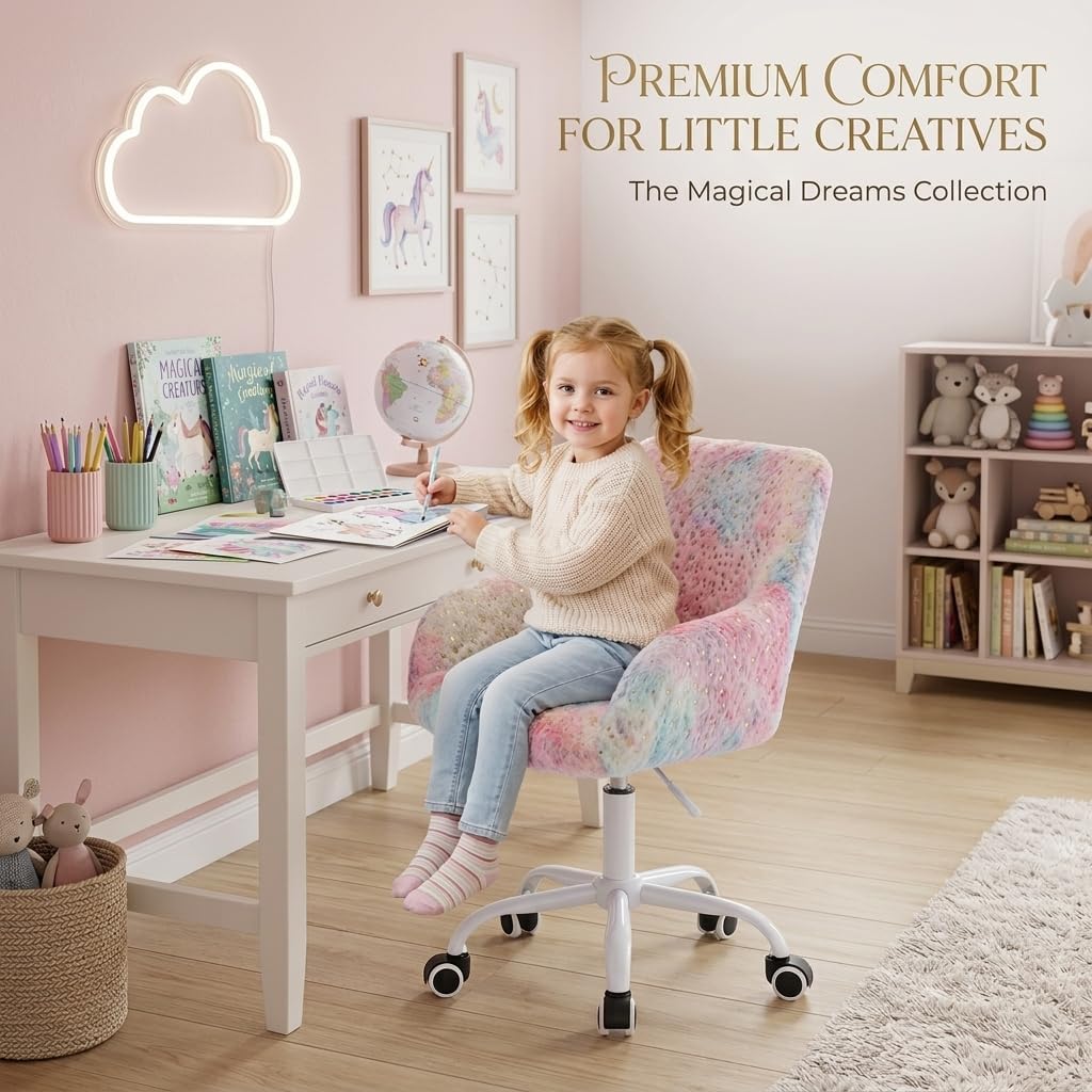 HEAH-YO Swivel Kids Chair with Wheels, Adjustable Kids Desk Chair with Armrest and Back, Cute Faux Fur Kid Study Chairs for Boys and Girls, Light Multi-Colour