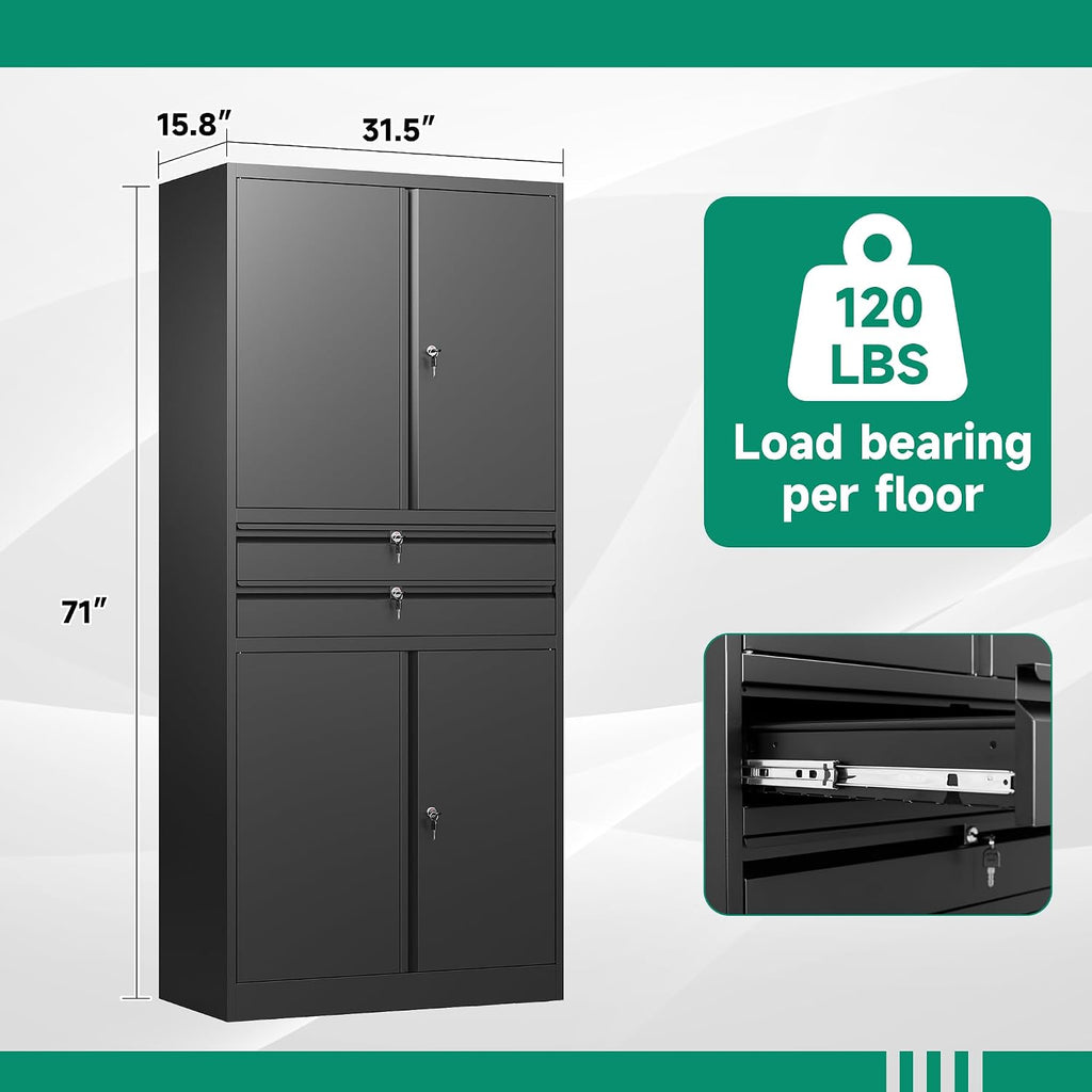 Letaya Metal Garage Storage Cabinet,71' Heavy Duty Steel Tool Cabinet with 4 Door Lock-Adjustable Shelves and 2 Drawer for Garage Home Office Utility Room (Black)