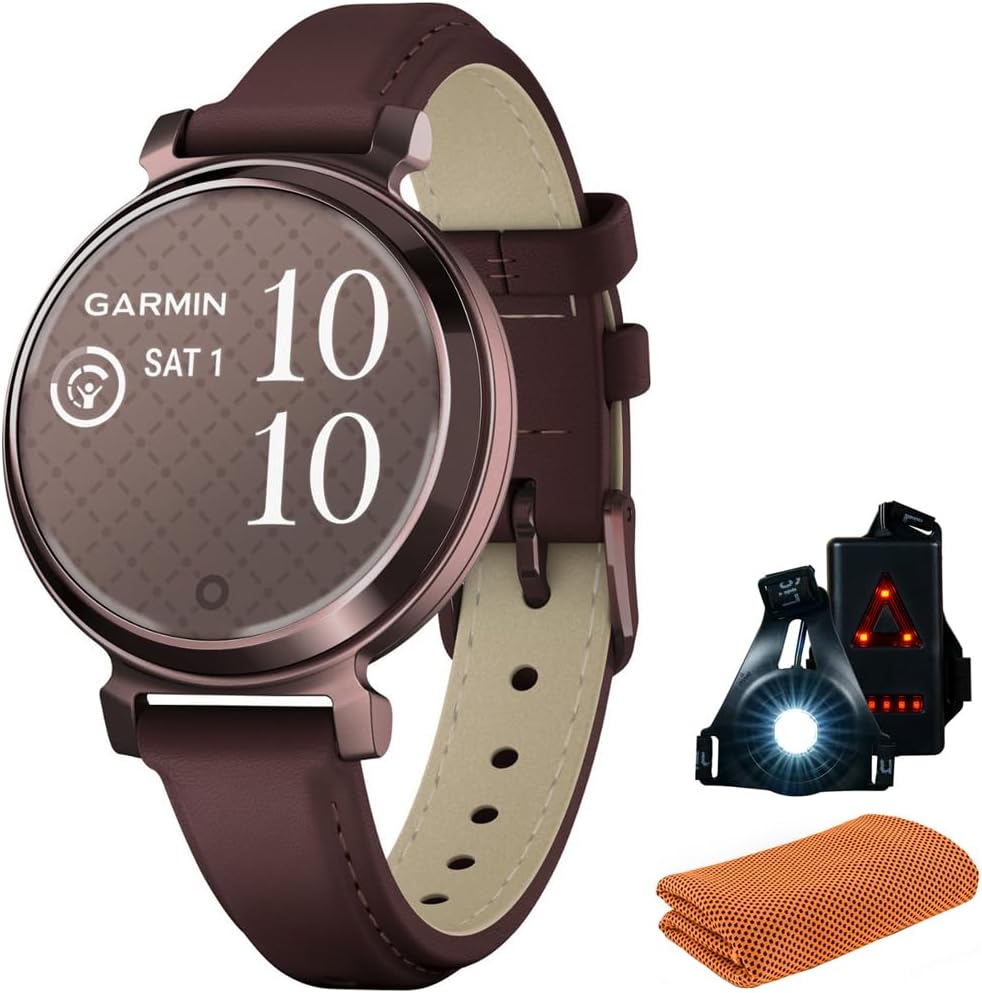 Garmin 010-02839-03 Lily 2 Classic Dark Bronze with Mulberry Leather Band Smartwatch | Official USA Partner Model | Bundle with Sport Towel + Deco Essentials Commuter Front & Rear Safety Light
