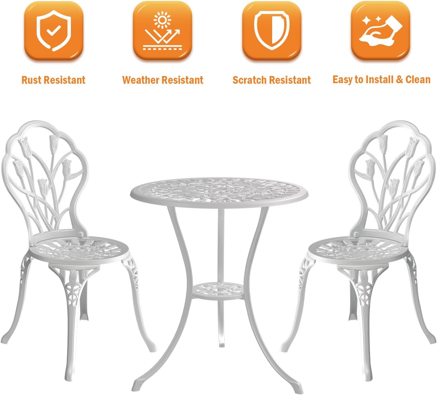 Outdoor Bistro Table and Chairs Set of 2, 3 Piece Patio Bistro Set w/Umbrella Hole, Rust-Resistant Cast Aluminum Bistro Set for Garden/Balcony/Backyard, White