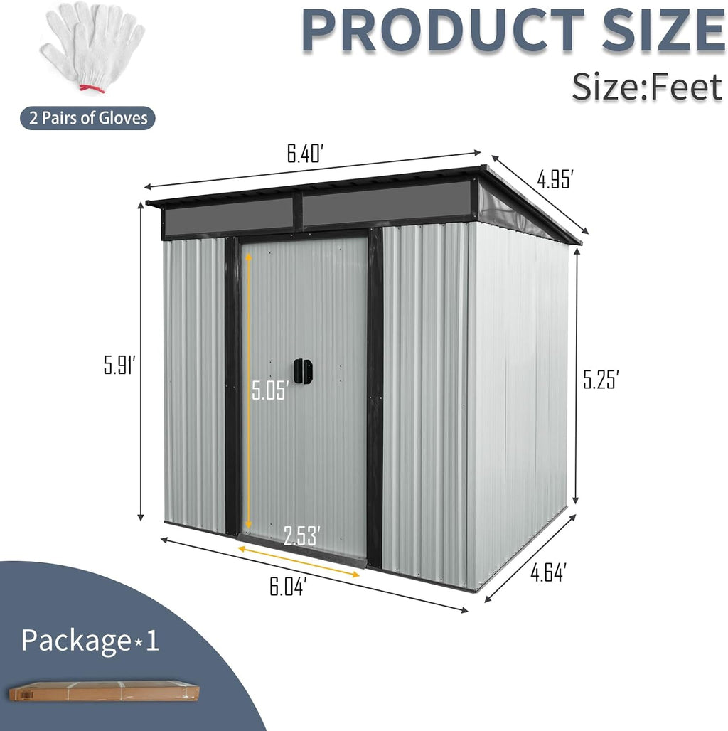 6x5 FT Outdoor Metal Storage Shed with Lockable Sliding Doors, Transparent Panels and Metal Foundation All-Weather Tool Shed for Garden, Lawn, Patio, and Backyard, White Black