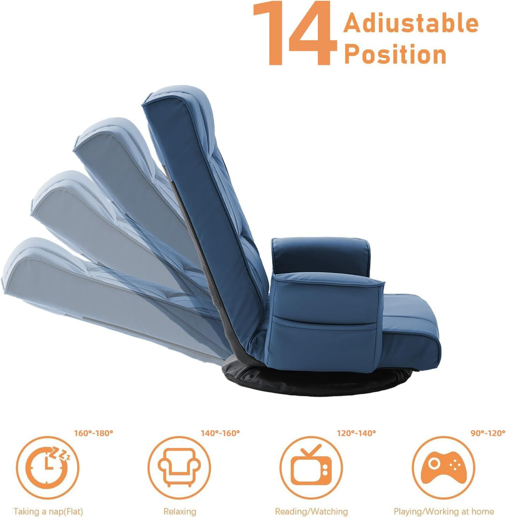 360° Swivel Floor Chair with Armrests, 14-Position Adjustable Floor Lounger for Adults, Folding Padded Floor Seat with Backrest for Gaming, Reading & Living Room (Blue)