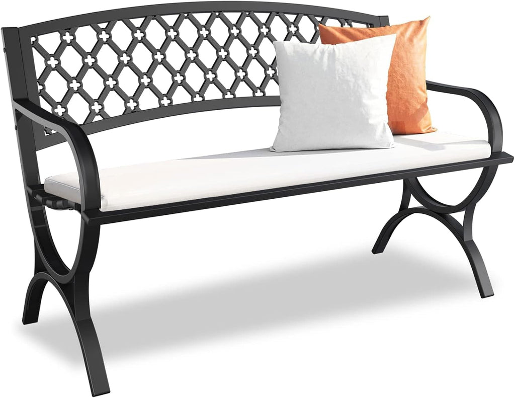 Outdoor Bench Garden Benchs, Weatherproof Anti-Rust Heavy-Duty Outside Bench Clearance, Wrought Iron Metal Bench for Front Porch, Patio, Park, Ergonomic Backrest, Slatted Seat