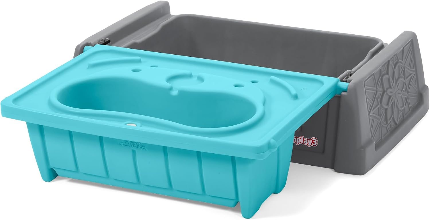 Simplay3 Sand and Water Kids Bench, 2-in-1 Sand and Water Table with Outdoor Storage Bench, Gray and Teal