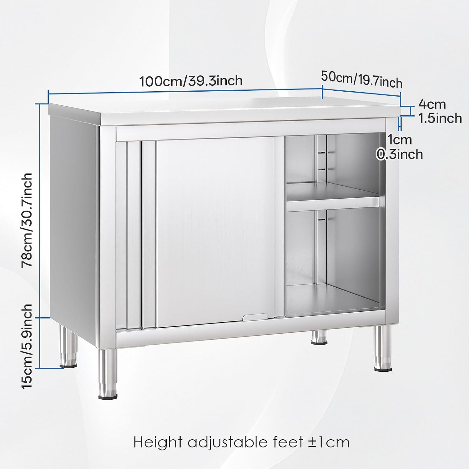 Stainless Steel Work Table with Cabinet 39'x20',Commercial Kitchen Workbench with Sliding Doors for Prep Work, Heavy Duty Prep Table for Restaurant,Garage,Warehouse
