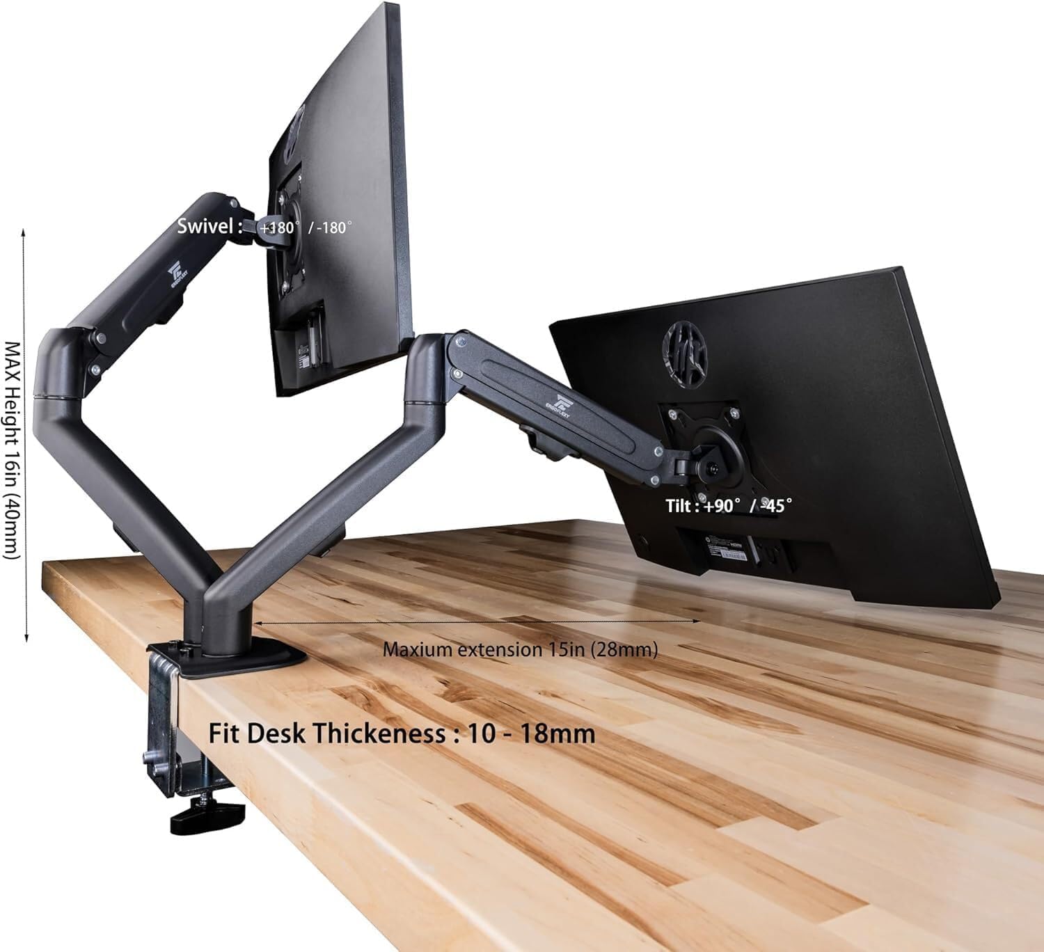 Acer Nitro ED240Q FreeSync FHD 1500R Curve Monitor ZeroFrame Design with 1ms Response Time, VESA Mount (100mm), VGA, HDMI & Dockztorm Hub, Black (UM.UE0AA.H01) & ErgoFlexy Dual Monitor Mount (2Pack)