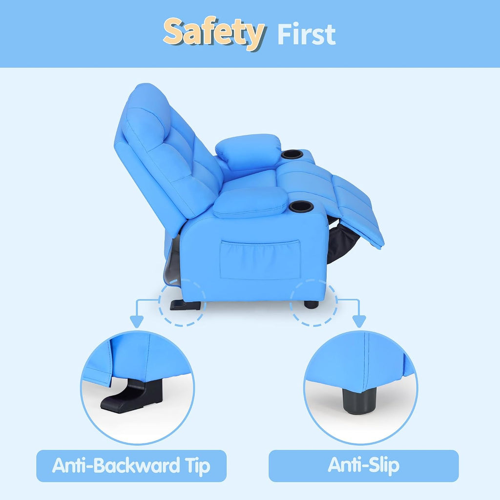 MCombo Big Kids Recliner for Ages 3+, Child Reclining Chair, Toddlers Recliner Sofa with Cup Holders (Faux Leather, Navy Blue)