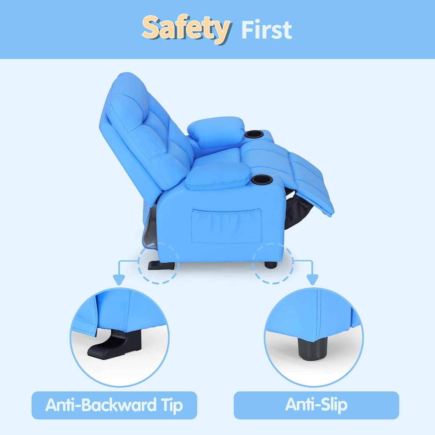 MCombo Big Kids Recliner for Ages 3+, Child Reclining Chair, Toddlers Recliner Sofa with Cup Holders (Faux Leather, Navy Blue)