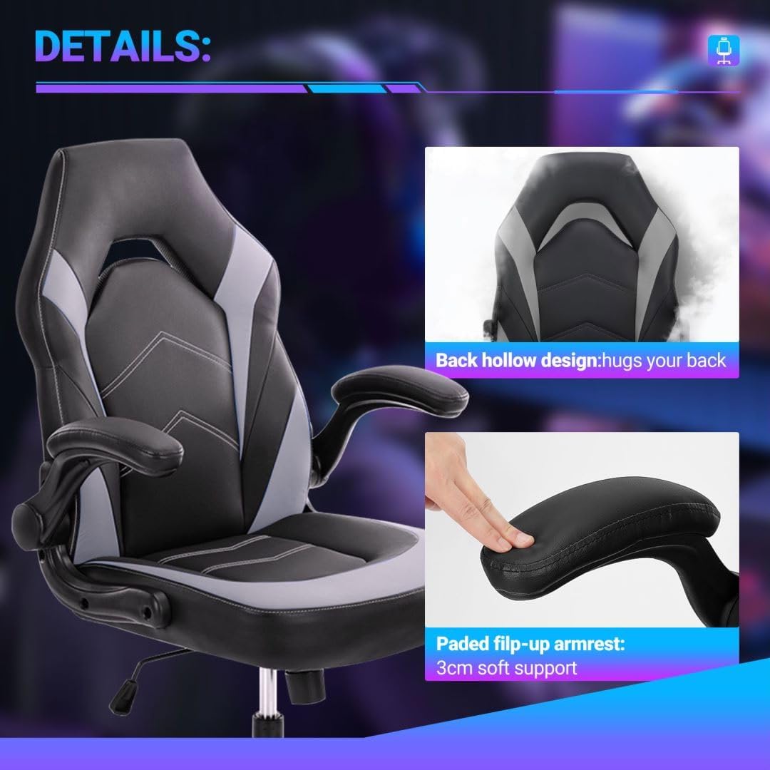 Heavy Duty Gaming Chair Ergonomic Gamer for Home Office with Lumbar Support, Adjustable Backrest, Flip-Up Armrest and Stable 360° Swivel Wheels for Adults, Professional Gamers and Teens, Black-Grey