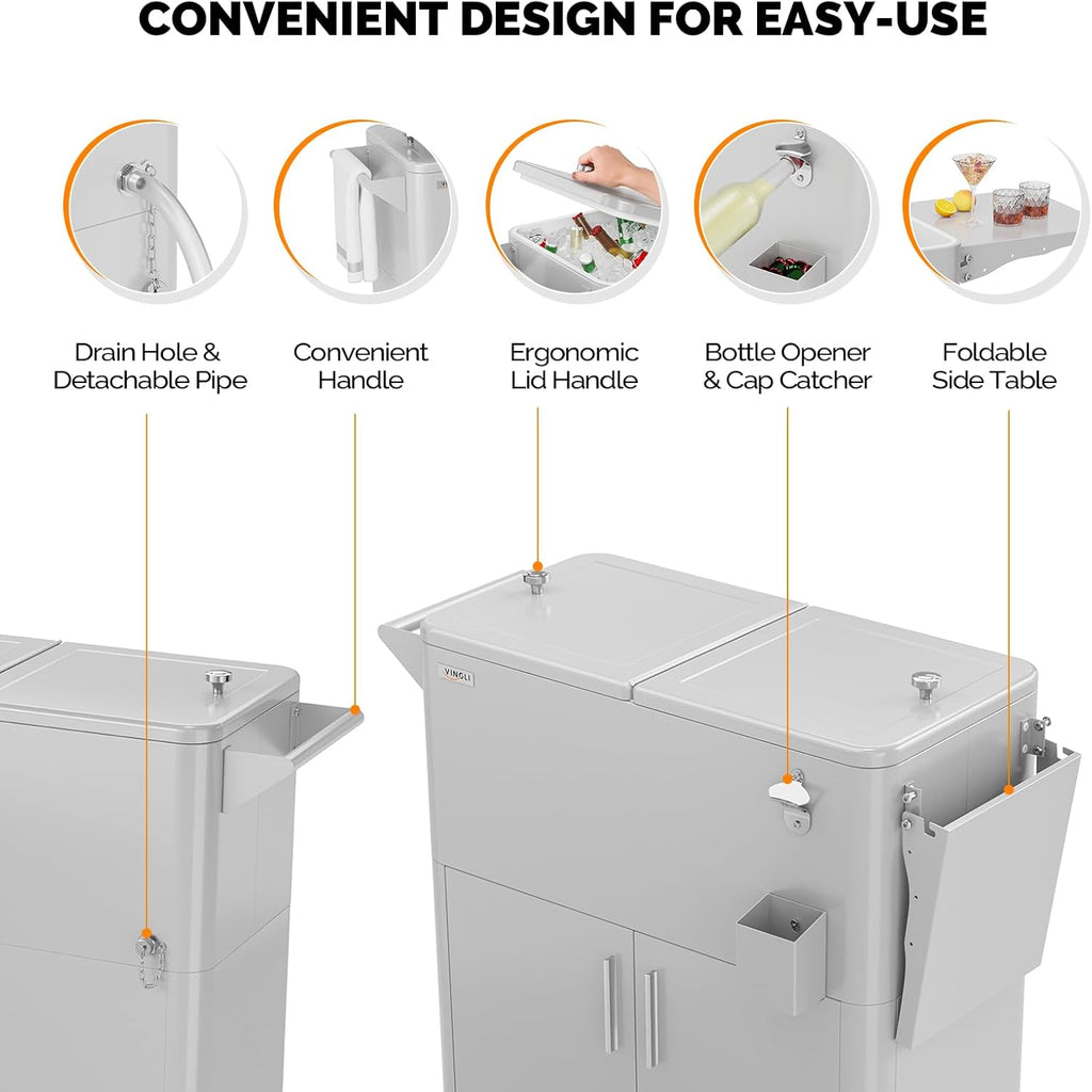 VINGLI Patio Cooler, Ice Chest with Storage Cabinet, Bottle Opener Drainage, Outdoor Cooler for Party, Deck, Pool